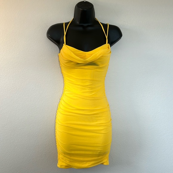 Oh Polly Cabana Collection Yellow Ruched Cowl Neck Mini Dress - Picture 3 of 10
